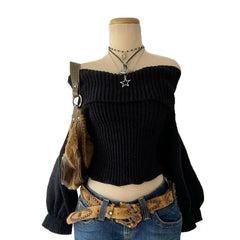 Cyflymder  French Autumn Winter Turn Down Off The Shoulder Sweaters Y2k Harajuku American High Street Solid Knitted Clothes Punk Jumper