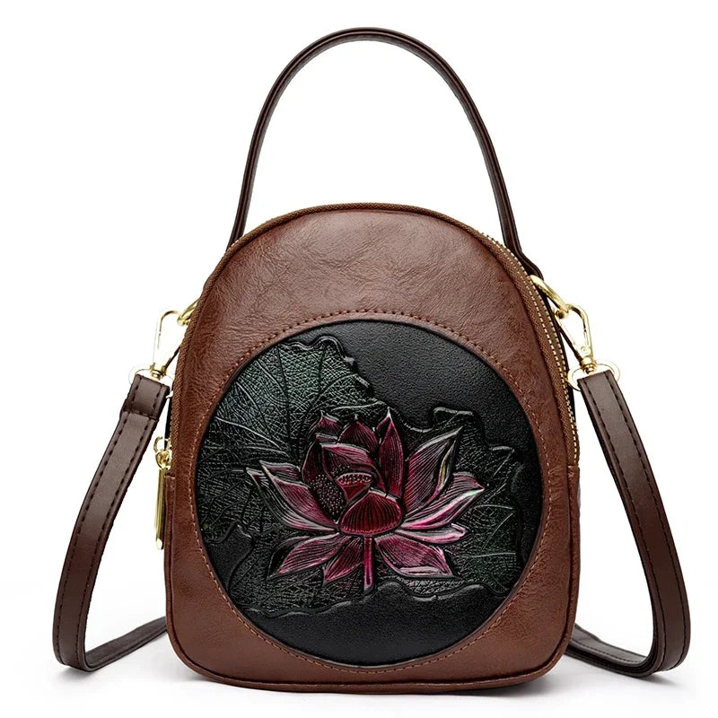 Cyflymder  Luxury 3-Layer Pockets PU Leather Women's Leisure Shoulder Bag and Purses Fashionable Lotus Pattern Crossbody Bag Ladies Sac