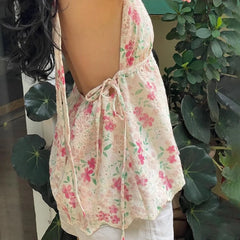 Cyflymder  Women Floral Halter Tank Tops Fairycore Deep V Neck Backless Ruffle Camisole Y2K Bodycon Going Out Vest Sweet Girl Streetwear