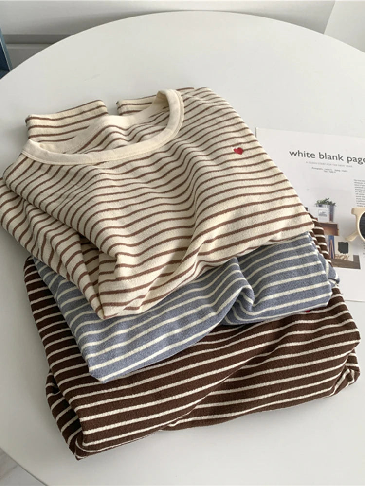Cyflymder  Love Embroidery Striped Sweatshirt Women Casual O Neck Cute Pullovers Korean Fashion Loose Long Sleeve Sweet Elegant Tops