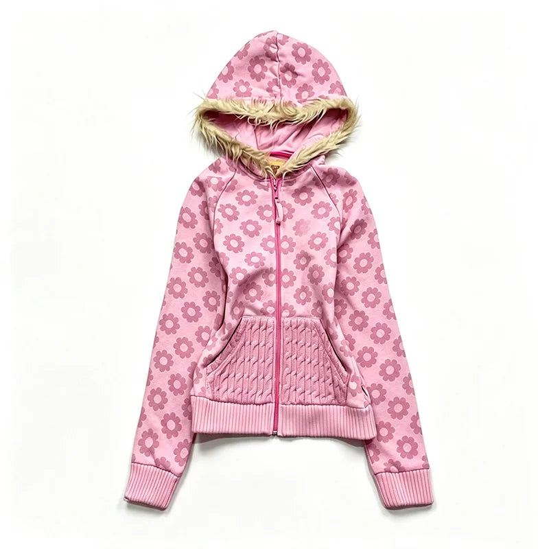 Cyflymder  Pink Flower Zipper Hoodie Spicy Girl Hip-Hop Girl Y2K Fur Border Street Retro Gothic Punk High Street Classic Fashion Sweet Girl