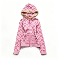 Cyflymder  Pink Flower Zipper Hoodie Spicy Girl Hip-Hop Girl Y2K Fur Border Street Retro Gothic Punk High Street Classic Fashion Sweet Girl