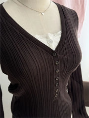 Cyflymder  Knitted V-neck T-shirts Women Autumn Buttons Slim