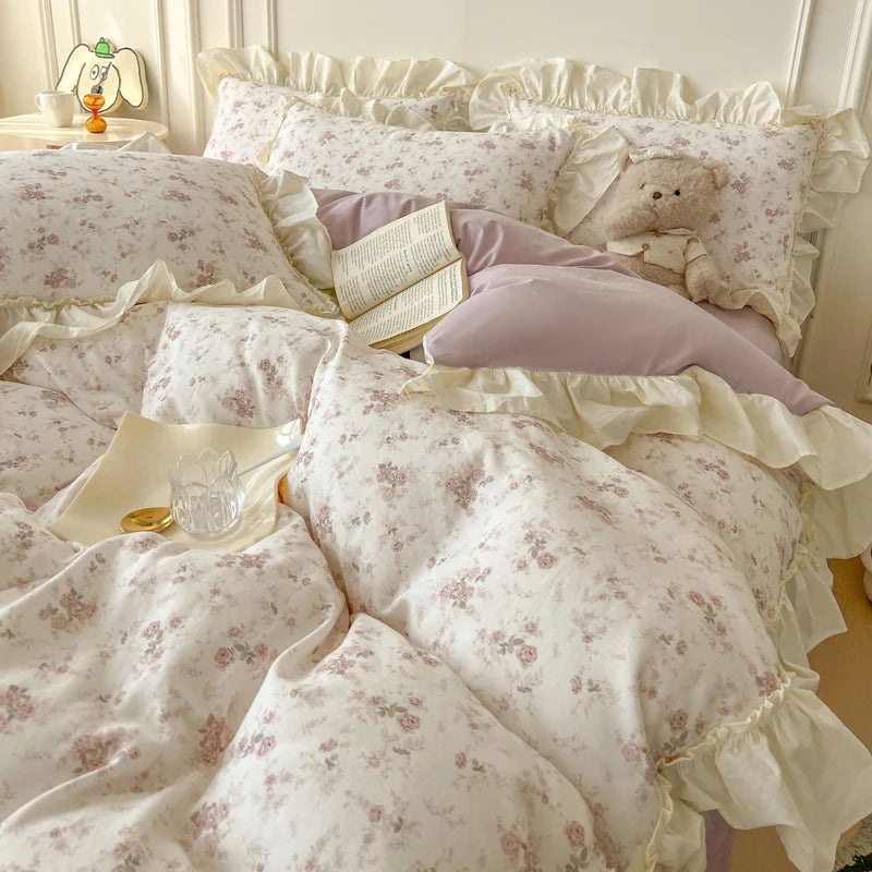 Cyflymder  Floral Print Korean Style Princess Lace Ruffles 100% Cotton Bedding Set Duvet Cover Bed Sheet/Fitted Sheet Pillowcases 3/4Pcs
