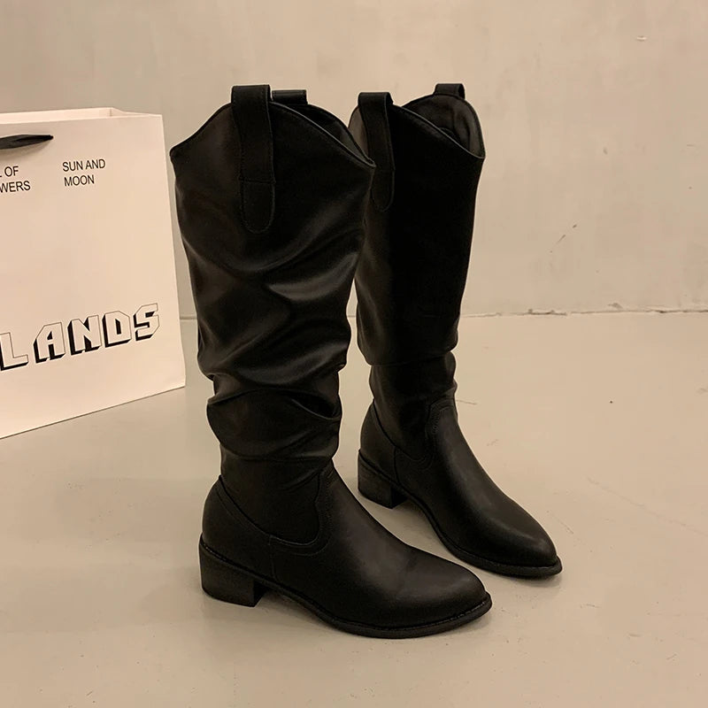 Cyflymder  Autumn Winter Vintage Woman Knight Knee High Boots Shoes Ladies Concise Slip On Western Cowboy Botas