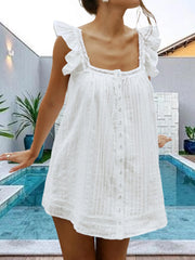 Cyflymder  Elegant Floral Print Sleeveless V-Neck Mini Dress with Ruffle Detail and Button Front - Summer Pleated A-Line Dress