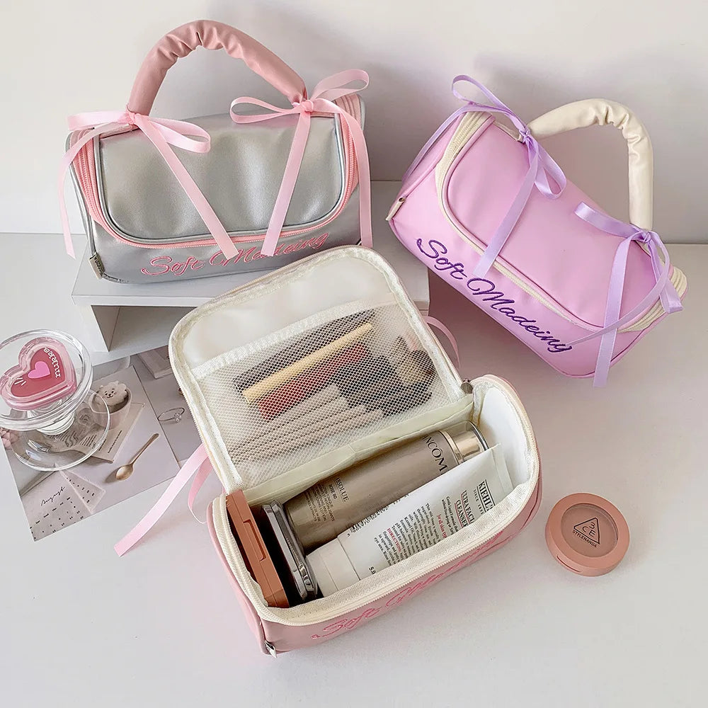 Cyflymder  Korean Fashion Casual Large Capacity Pencil Case PU Portable INS Solid Color Washing Make Up Statonery Bag Student Supplies