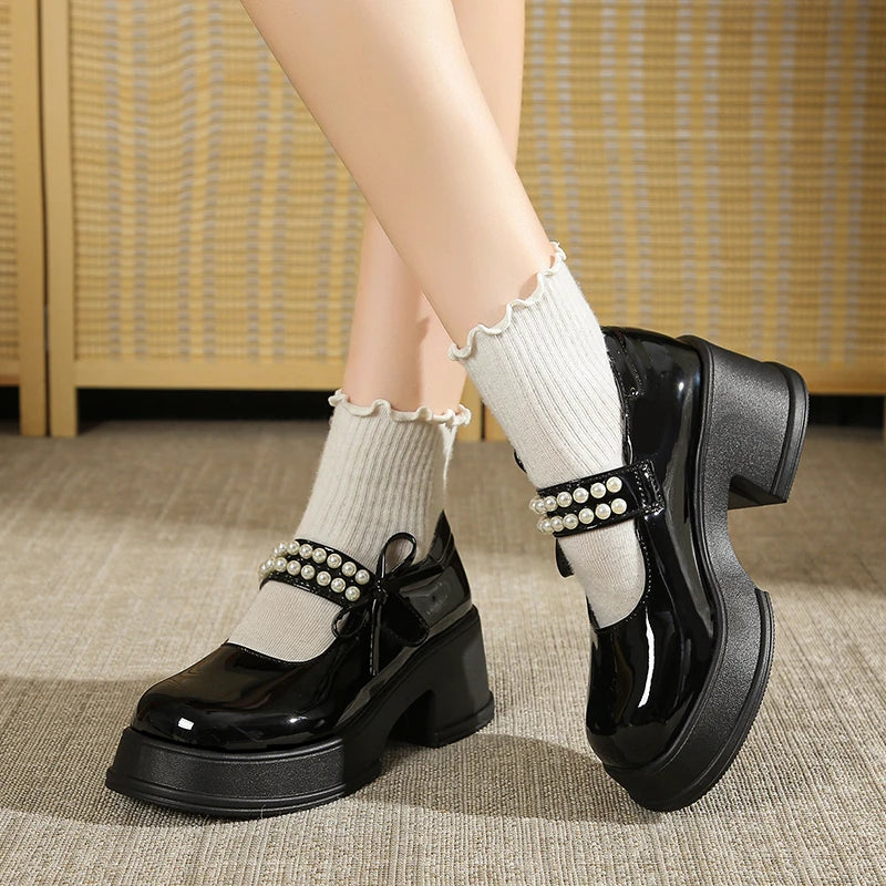 Cyflymder  Vintage High Heels Mary Jane Shoes for Women 2025 Patent Leather Platform Pumps Woman Pearls Thick-Heeled Shoes Female