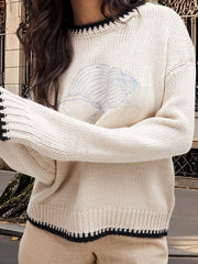 Cyflymder  Women s Cable Knit Sweaters Long Sleeve V-Neck Star Embroidery Pullovers Oversized Fit Tops with Ribbed Trim