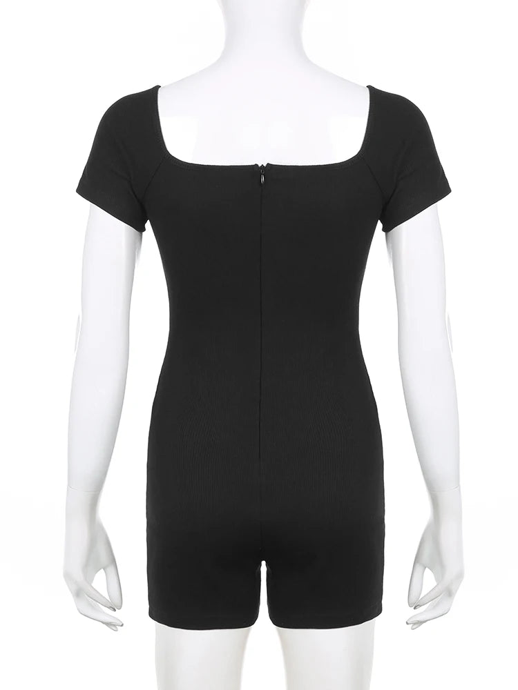 Cyflymder  Sporty Activewear Basic Solid Playsuits Sexy Slim Square Collar Short Sleeve Rompers Women Summer Fashion Streetwear