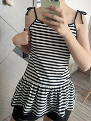 Cyflymder  Vintage Striped Camisole Dress Women Summer Streetwear Simple Cotton Lace-up Strap Vestidos Sweet Cute Preppy Style Dresses Y2K