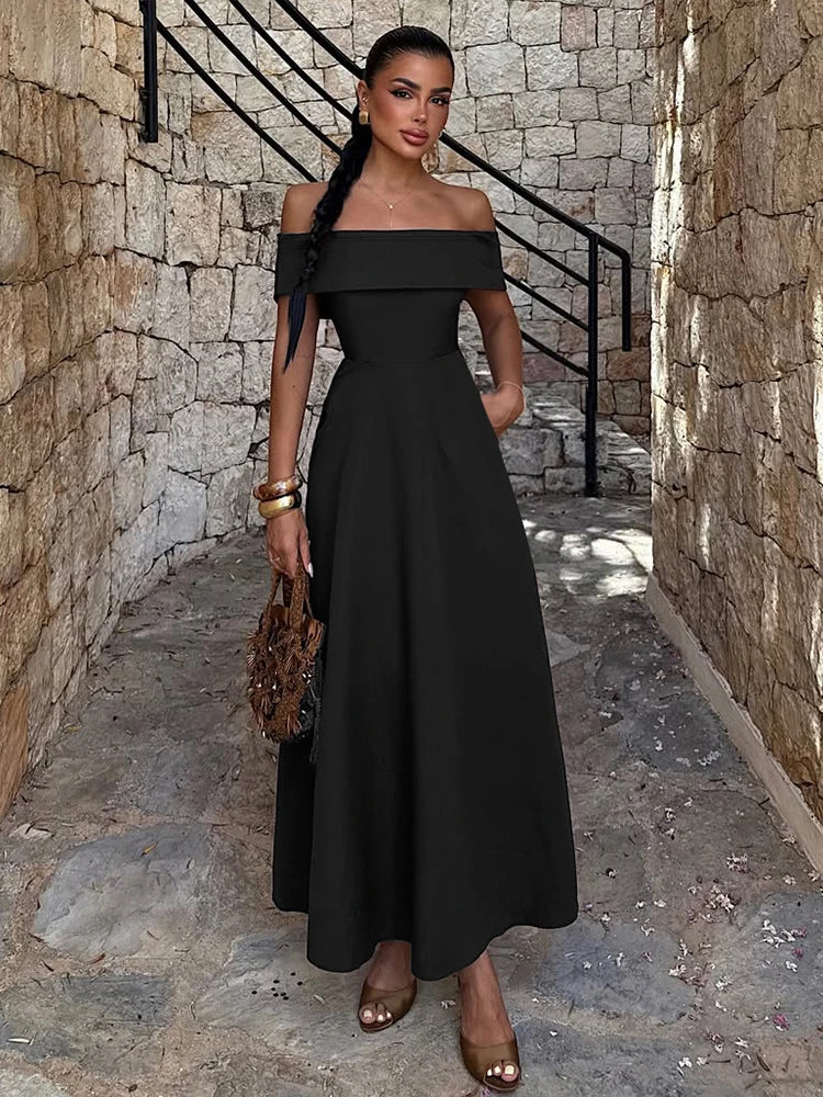 Cyflymder  Classic Sexy Slash Neck Dress Women Elegant Solid Simple Office Birthday Evening Cocktail Party Stretchy Maxi Bodycon