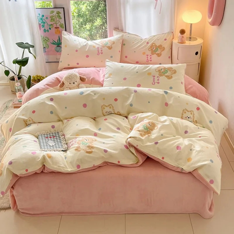 Cyflymder  Idyllic small fresh thickened milk fleece four-piece coral fleece winter warm student four-piece set