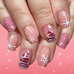Cyflymder  24pcs Shiny Pink Sequins Press on Nails Short Square Coffin Christmas Fake Nails Women Wearable Shiny Short French False Nails