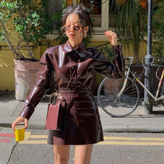 Cyflymder  High Street Fashion Trend PU Leather Women's Jacket 2-Piece Set Single-Breasted Lapel Slim Female Coat With High Waist Skirt Set