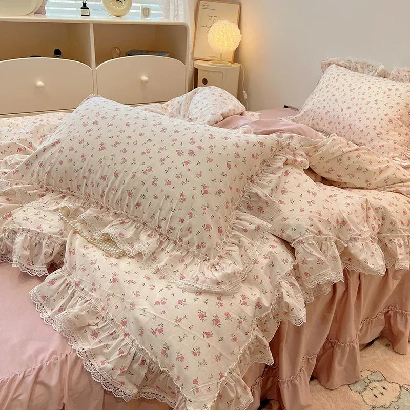 Cyflymder  100% Cotton Vintage Countryside Rose Floral Lace Ruffles Duvet Cover Set Bed Skirt Or Bed Sheet Pillowcases Girls Bedding Set