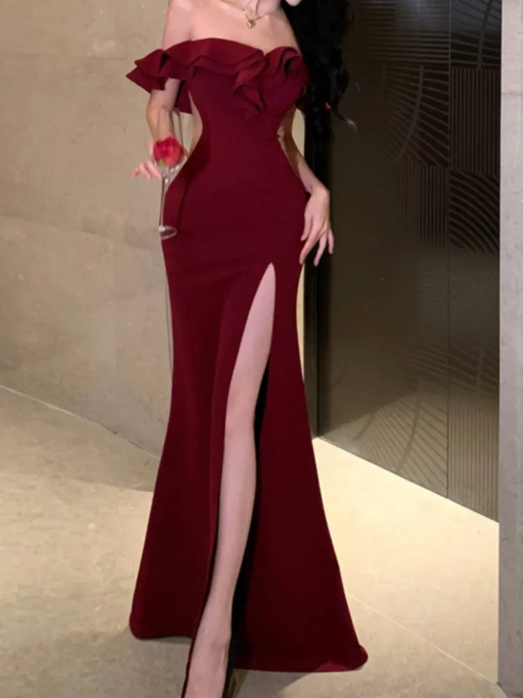 Cyflymder Christmas DRESS TO IMPRESS Sexy Bodycon Long Dresses for Women Wedding Evening Party Prom Robe Ruffles Slash Neck High Split Hollow Out Summer New Vestido