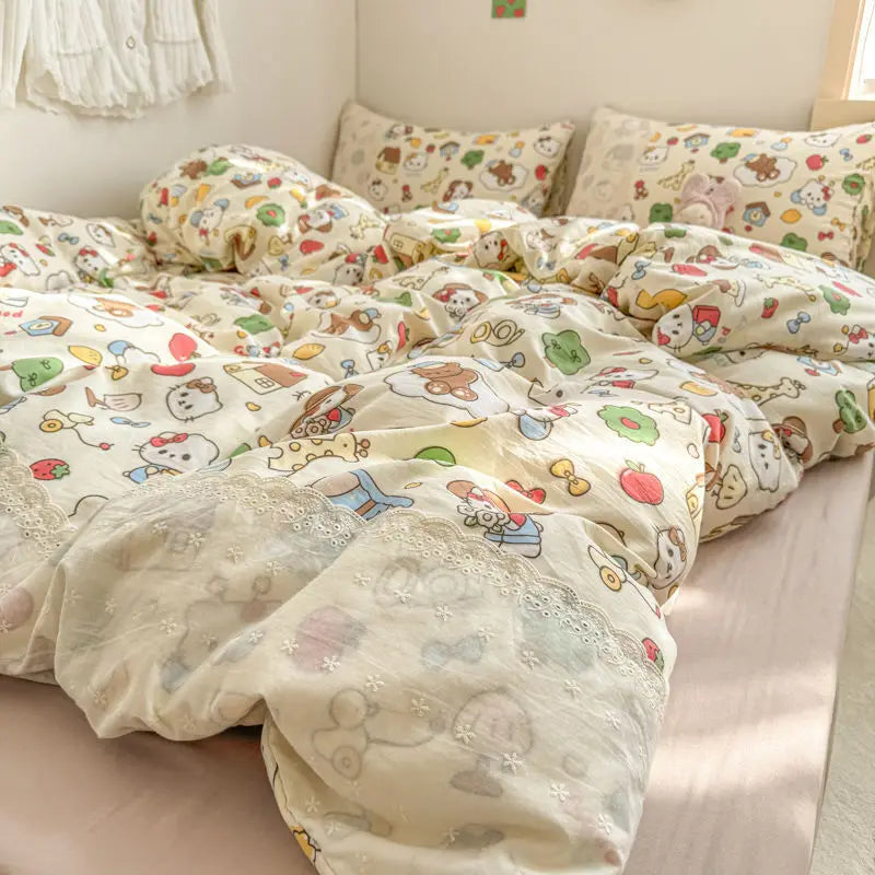 Cyflymder  INS French Style Fresh Floral Lace Trim Four-Piece Set Washed Cloud Cotton Quilt Cover Bed Sheet Dormitory Bed Sheet Sets