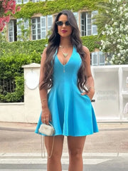 Cyflymder   Women Summer Sexy V-Neck Sleeveless Backless Party Dress New Fashion Woman Solid Rear Zipper Pleated Short Dress Mujer