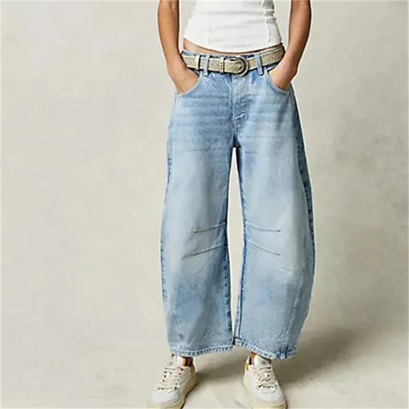 Cyflymder  Women Vintage American Style Denim Jeans New Knee Splicing Design Straight Pants Female Commuter Casual Loose Mid Waist Trousers