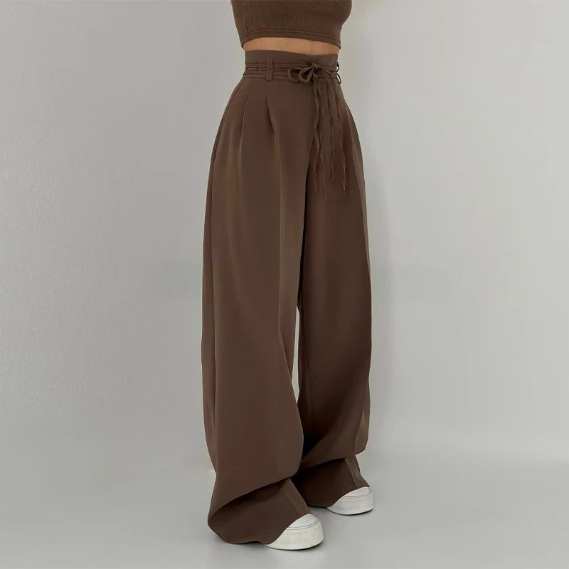 Cyflymder   Fashion Y2K Wide Leg Long Pant For Women Elegant Elastic High Waist Double Drawstring Baggy Pant Office Lady Loose Suit Trousers