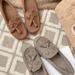 Cyflymder   Women Winter Warm Tassel Loafers Fleece Lined Moccasins Slip‑On Flat Driving Shoes Suede Round Toe Soft Casual Bean Shoes Plush