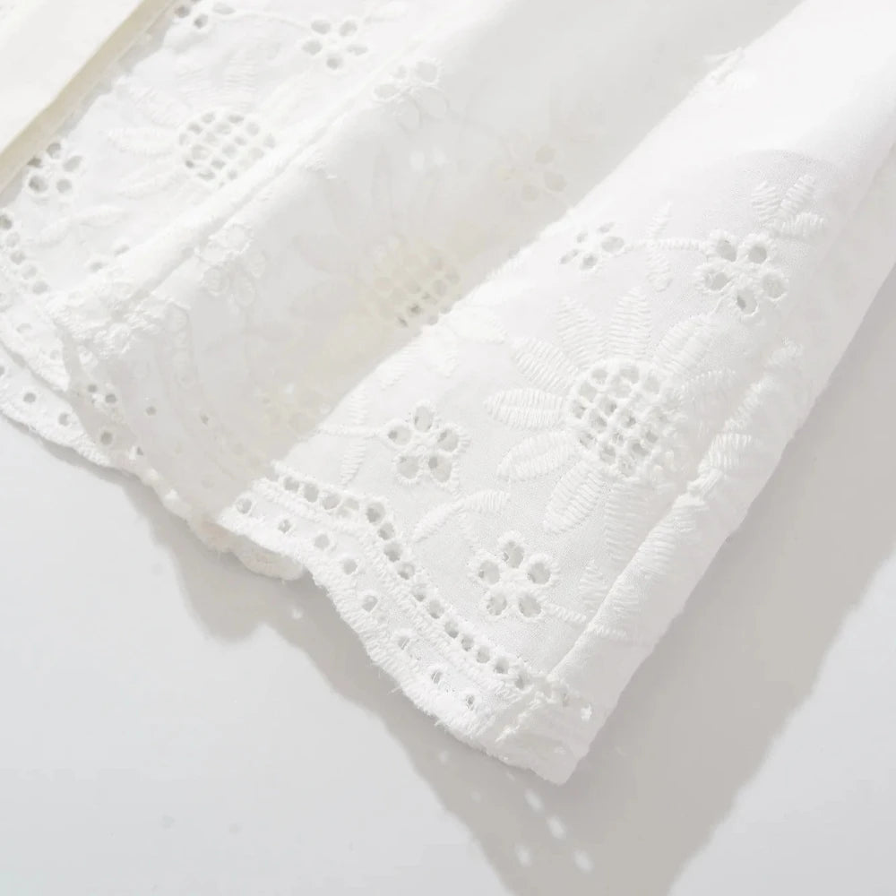 Cyflymder  Solid Embroidery Slimming Shirts for Women Lapel Long Sleeves Patchwork Single Breasted French Street Shirt Female