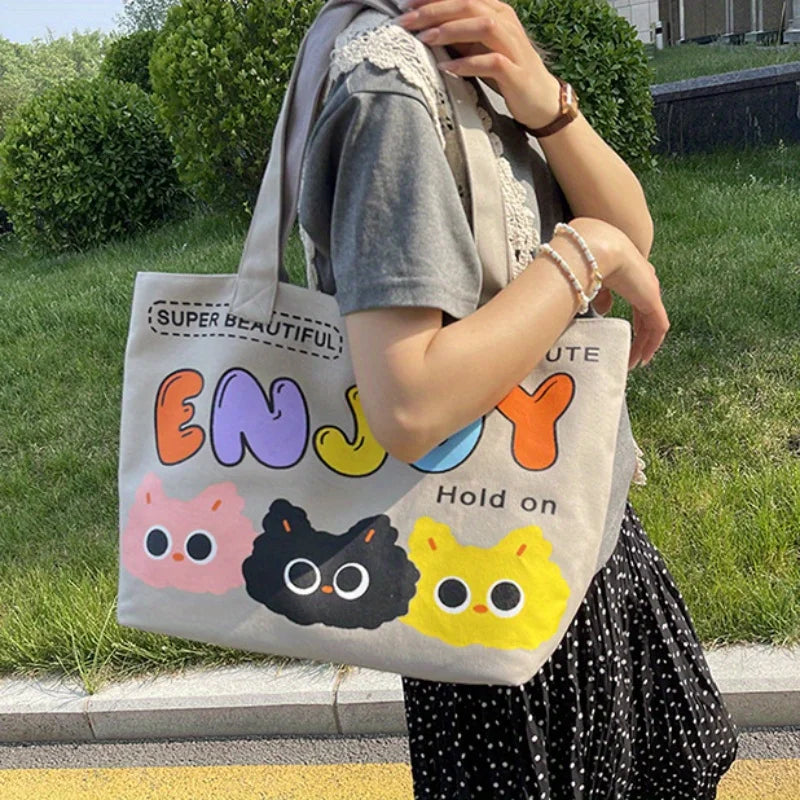 Cyflymder  Letter Printed Tote Bag, Cute Cartoon Canvas Handbag Shoulder Bag, Large Capacity Shopping Bag, Campus Computer School Book Bag