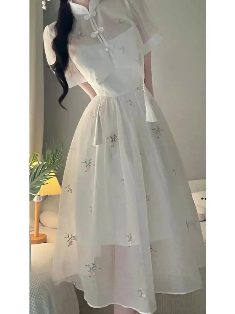 Cyflymder  Dress Sets Summer Women Chinese Style Floral Hight Waist Mesh Midi Dresses Elegant Casual Gentle Wind Female Dress Vestidos
