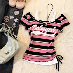 Cyflymder  Woman Clothes T-shirt Y2k Fake 2Piece Slim Goth Punk Vintage Streetwear Stripe Backless Print Crop Top Harajuku Summer 90s Chic