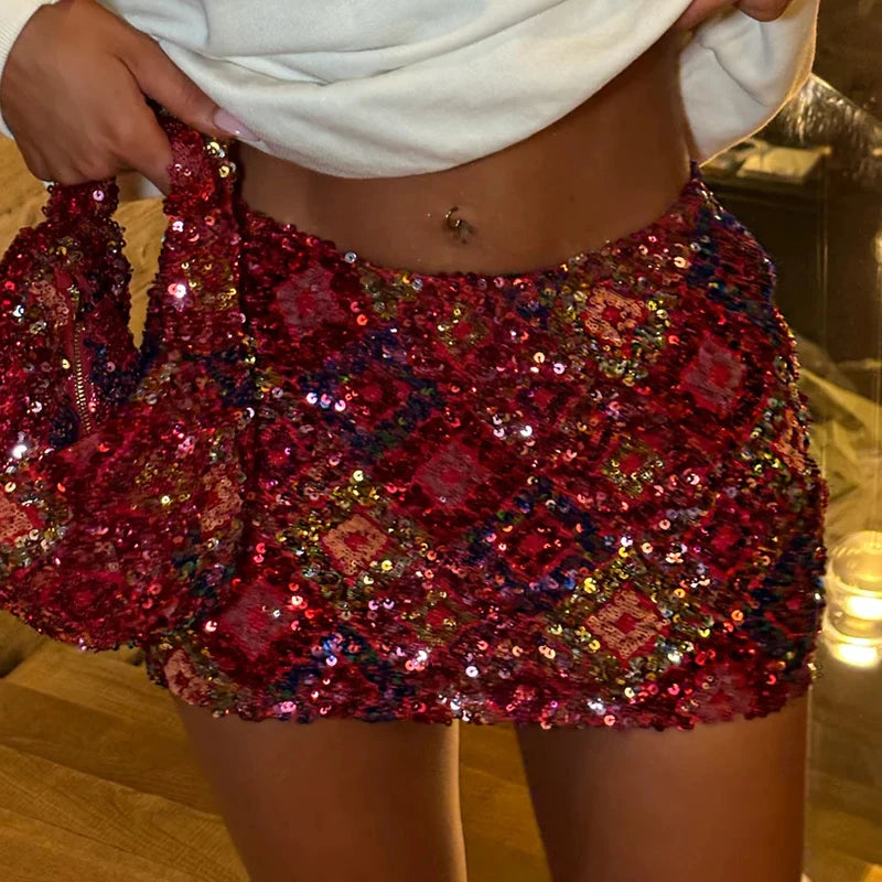Cyflymder  Sexy Geometric Print Glitters Mini Skirts Midnight Party Multi-color Skirts Women 2025 Summer New Sequins Wrap Hips Short Skirts