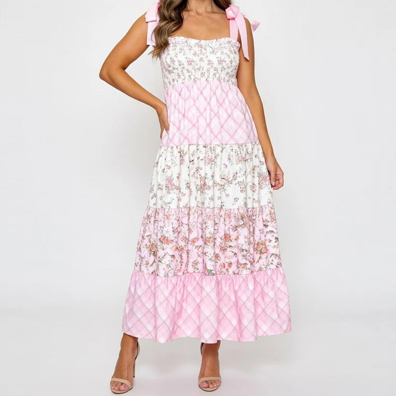 Cyflymder  Women Floral Plaid Tiered Maxi Dress Tie-Shoulder Smocked Bust A-Line Dress Cottage Coquette Wedding Guest Outfit