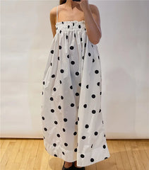 Cyflymder  Y2k Polka Dot Smocked Tiered Maxi Dress Bow Tie Shoulder Boho Midi Sun Dress Casual Beach Long Dresses for Women