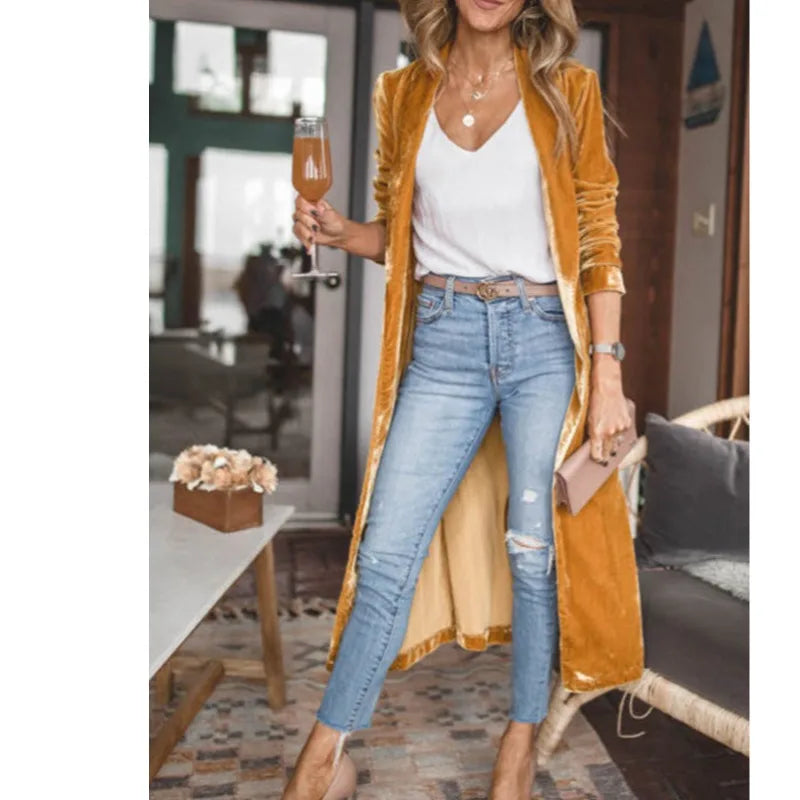 Cyflymder  Spring Autumn New Faion Loose Velvet Elastic Mid-Length Open Cardigan Coat Women's Versatile Straight Tube Polyester Fiber