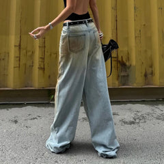 Cyflymder   Vintage Washed Distressed Straight-Leg Jeans Women's Low Waisted Denim Pant Y2K Streetwear Trousers Casual Loose Outfit