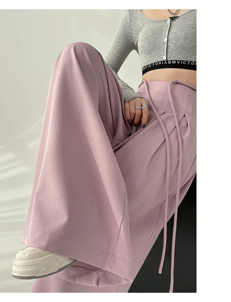 Cyflymder  Streetwear Wide Leg Pants Women Korean Black High Waist Suit Pants Summer Fashion Elegant Lace Up Straight Trousers New