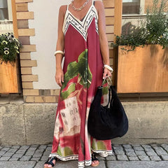 Cyflymder  Vintage Women V Neck Sleeveless Holiday Dress Casual Off Shoulder Hollow Swing Beach Dress Loose Suspender Summer Bohemian Dress