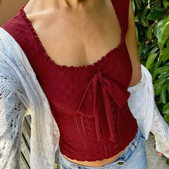 Cyflymder  European and American Sexy Solid Color Bow Tie Vest Square Neck Sleeveless Hot Girl Casual Short Top for Women