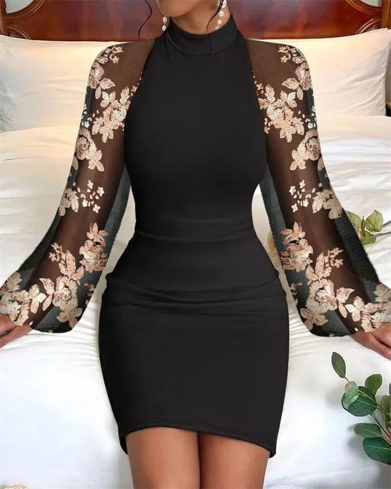 Cyflymder  Elegant Lace Lantern Sleeve Women Dresses Fashion Casual Party Wrap Hip Gown Female Stand-up Collar Stretch Slim Fit Short Dress