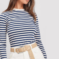 Cyflymder  Women Striped Long Sleeve Crop Top Fall Casual Basic Tee Going Out Fitted Crew Neck Pullover Tight Shirts Streetwear