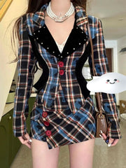 Cyflymder  Autumn Fashion Vintage Slim Plaid 2-piece Set High Street Hepburn V-neck Long Sleeve Cardigan Women Aesthetic Hip-wrapped Skirt
