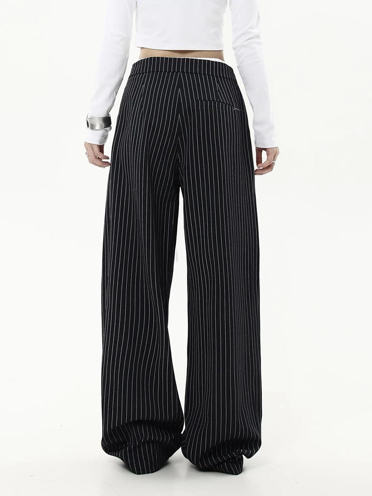 Cyflymder  American Striped Wide Leg Pants Women High Waist Patchwork Vintage Trousers Casual Loose Female Retro Straight Pants New