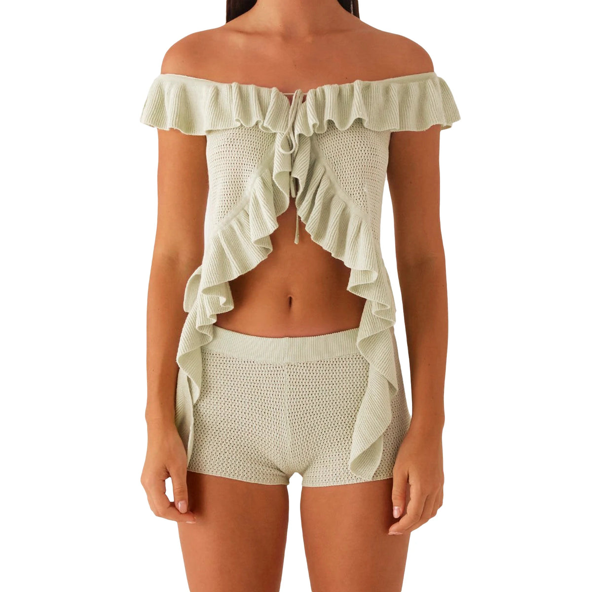 Cyflymder  Stylish 2-Piece Set Off-Shoulder Crop Top with Ruffles and High-Waisted Elastic Shorts for Chic Summer Street Style