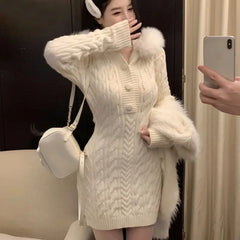 Cyflymder Autumn Winter Elegant Women Sweater Christmas Red Slim Fur Patchwork Hooded Knitted Dress Female Korean Knitwear Hoodie Tops