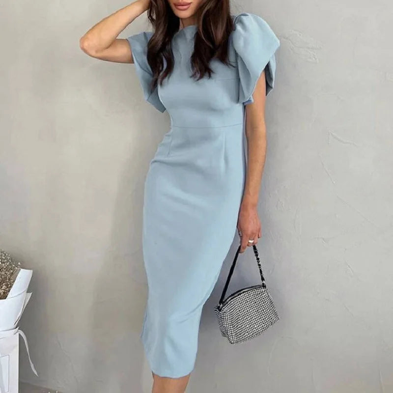 Cyflymder  Women Elegnat Crew Neck Back Split Evening Dress Spring Solid Slim Bodycon Hips Dress Summer Puff Short Sleeve Knee Dresses