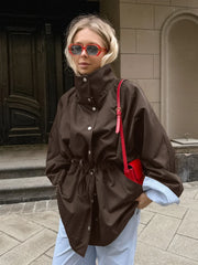 Cyflymder   Women Solid Waist-tied Belted Trench Coat Casual Style Long Sleeved Lapel Button Loose Jacket Autumn Street Commuting Coats