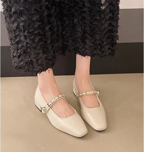 Cyflymder  Retro low-heeled single shoes for women, new summer fashion gold buckle square toe comfortable high-heeled leather shoes