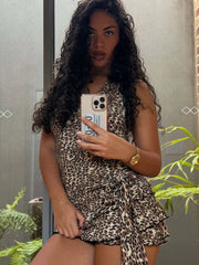 Cyflymder  Leopard Print Sexy Backless Halter Women Mini Dress Sleeveless V-neck Y2K Dress Summer Skinny Elegant Party Club Dress
