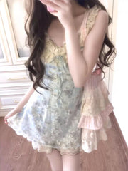 Cyflymder  Coquette Sweet Lace Oil Painting Floral Print Bow Camisole Dress Women Ruched Waist Slim Fit A Line Mini Dress Elegant Outfit