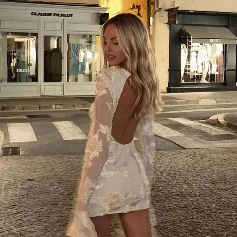 Cyflymder  Sexy Backless Floral Mesh Mini Dress Women Elegant Flared Sleeve Bodycon Party Dresses Fashion Slim Fit Embroidered Short Dress